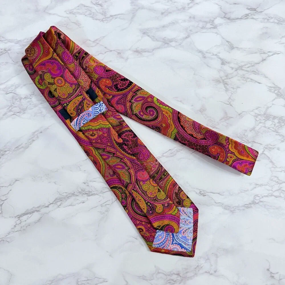 Ted Baker London 100% Silk Paisley Necktie Pink Gold Mustard Made In USA Retro - Picture 5 of 11